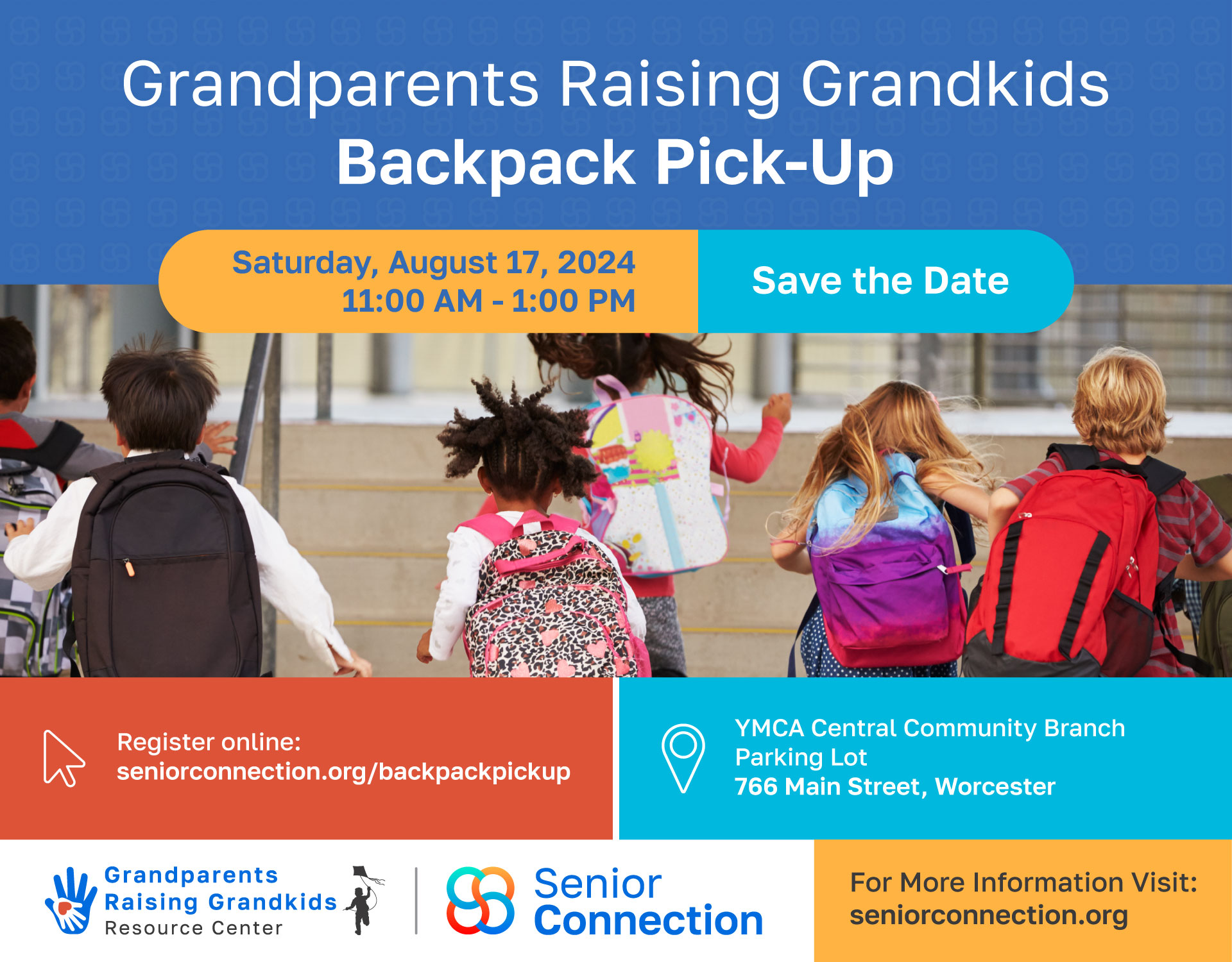 Senior Connection Central Mass | Grandparents Raising Grandkids Backpack Pick-up 2024 Graphic